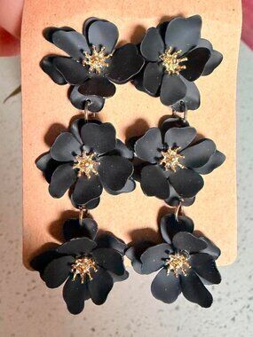Black Matte Layered Floral Statement Dangle Earrings Gold Center Boho Chic
